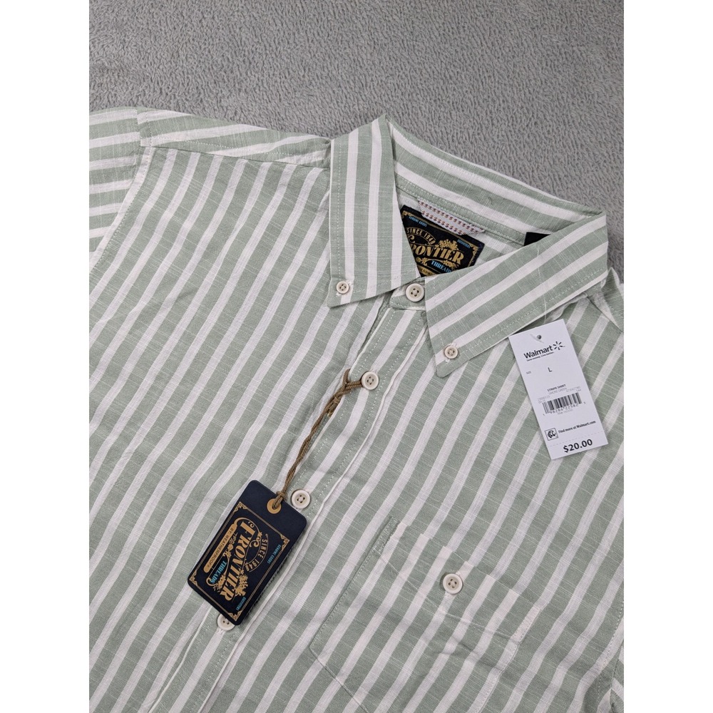 Frontier Threads Mens Large Short Sleeve Button Down Shirt Green White Stripe